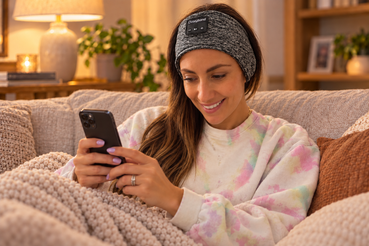 Lily relaxing on a sofa looking at her phone while wearing a gray CozyBand